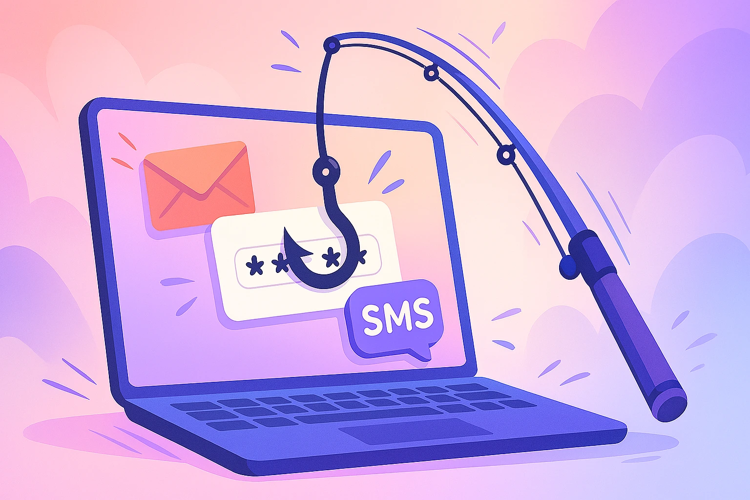 A modern minimalistic digital illustration depicting a phishing attack where a fishing rod aggressively hooks a laptop screen showing password, email, and SMS icons, with vibrant pastel colors and a Gen Z aesthetic